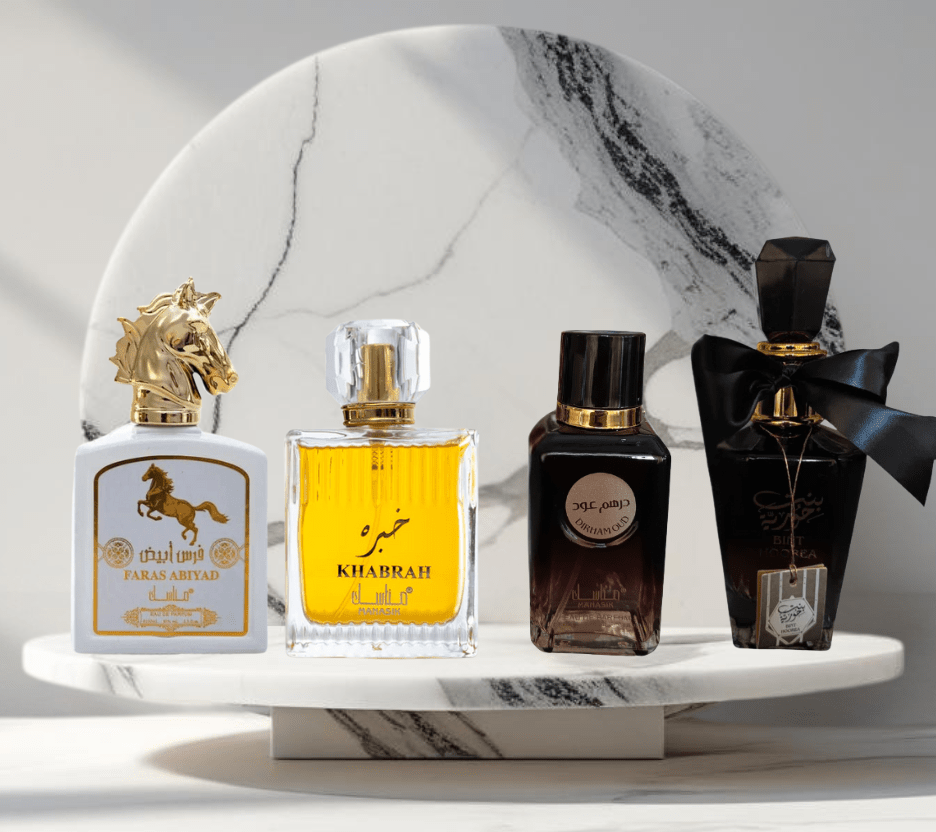 Set 4 parfumuri ARABESTI (2x Barbat + 2x Dama) 100ML - FARAS - KHABRAH - DIRHAM - BINT - Parfumuri de vis