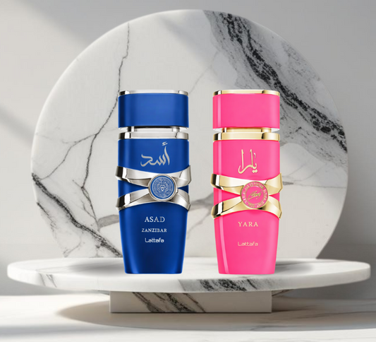 Set 2 Parfumuri Lattafa de Barbat + Dama - ASAD ZANZIBAR - YARA CANDY