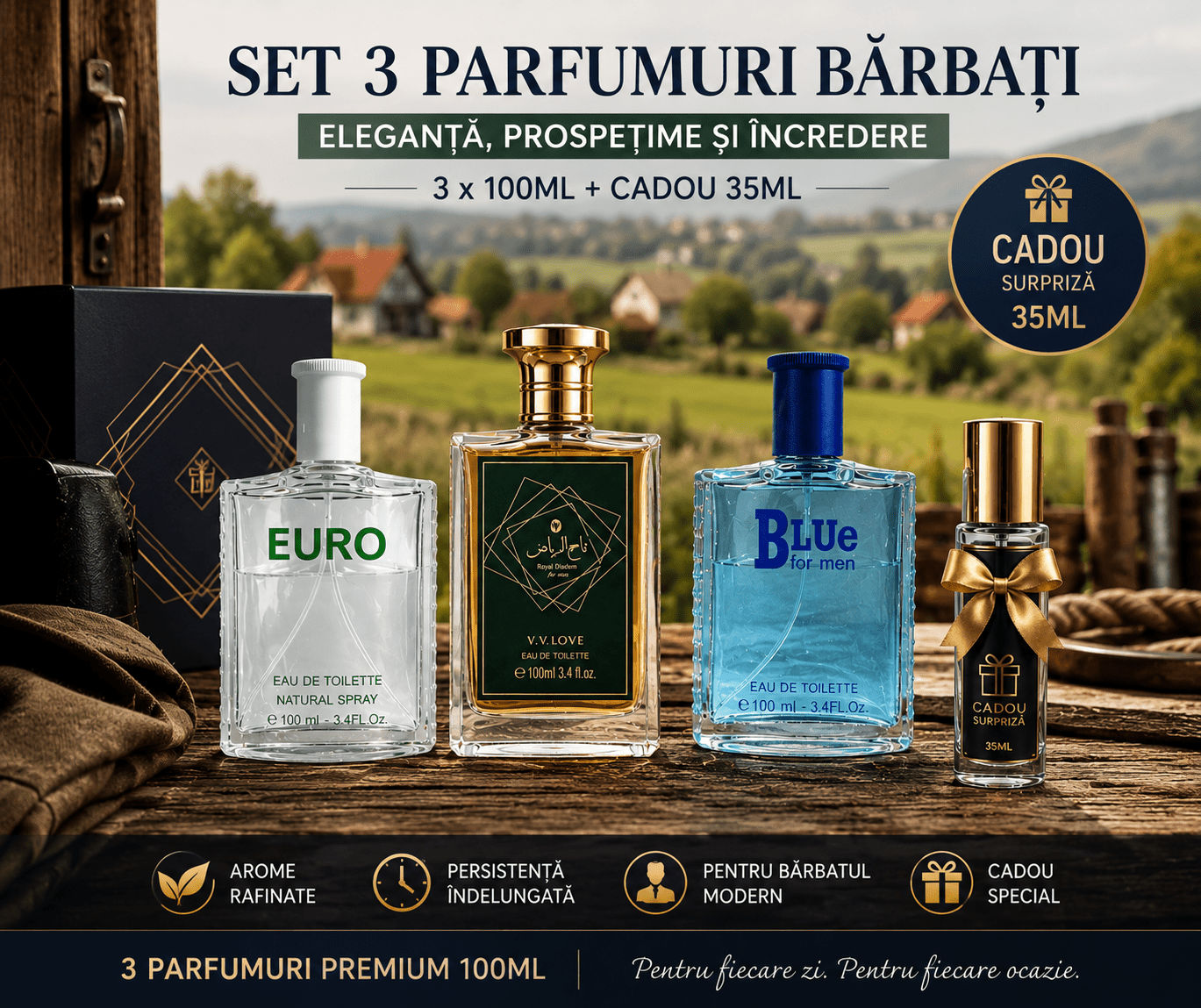 Set 3 Parfumuri de Bărbați 100ML - ROYAL DIADEM - EURO - BLUE FOR MEN + CADOU 35ML - Parfumuri de vis